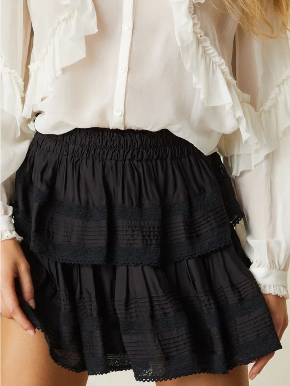 LoveShackFancy Black Tiered Lace Mini Skirt